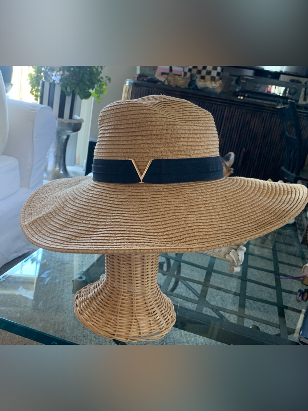 Vince Camuto Panama Straw Hat with Black Gross grain Band Gold V Accent - Picture 2 of 3